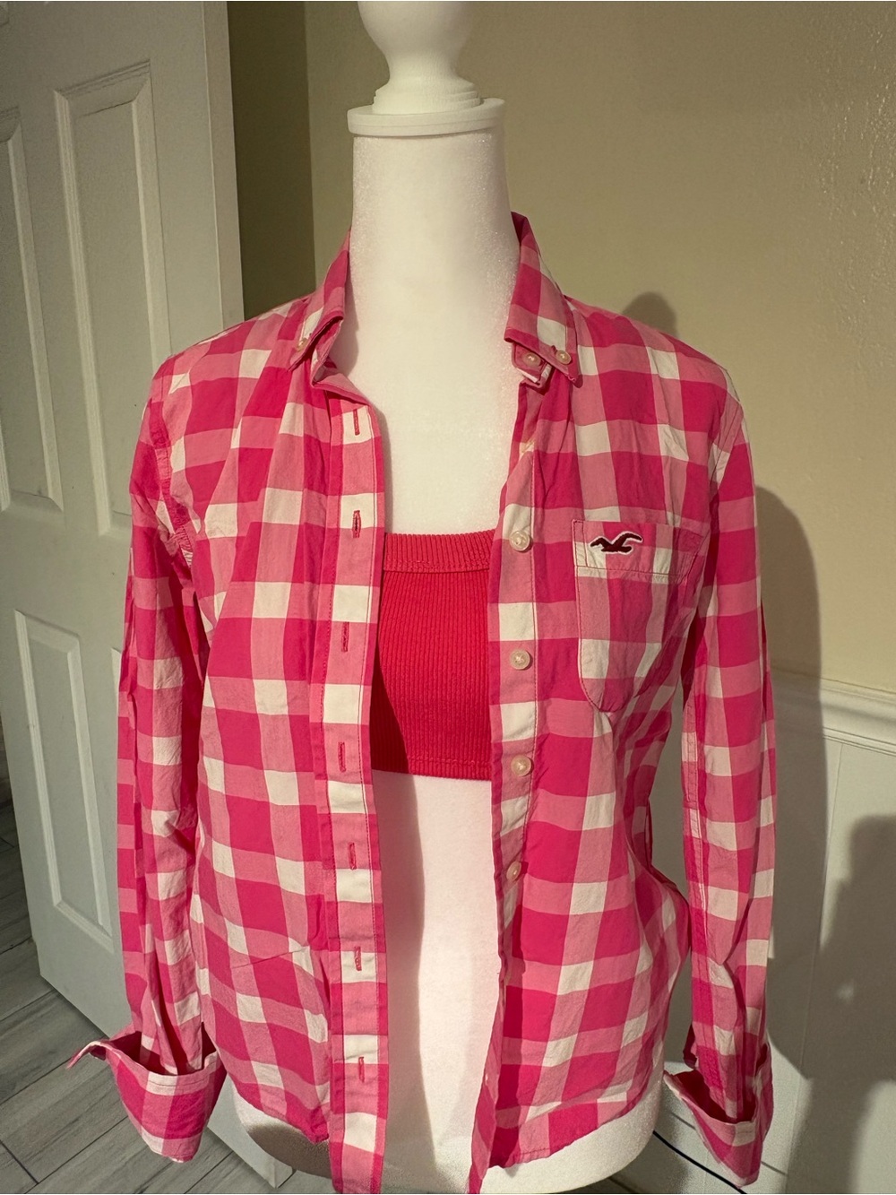 Vintage Hollister Girls' Pink Gingham Button-Up Shirt